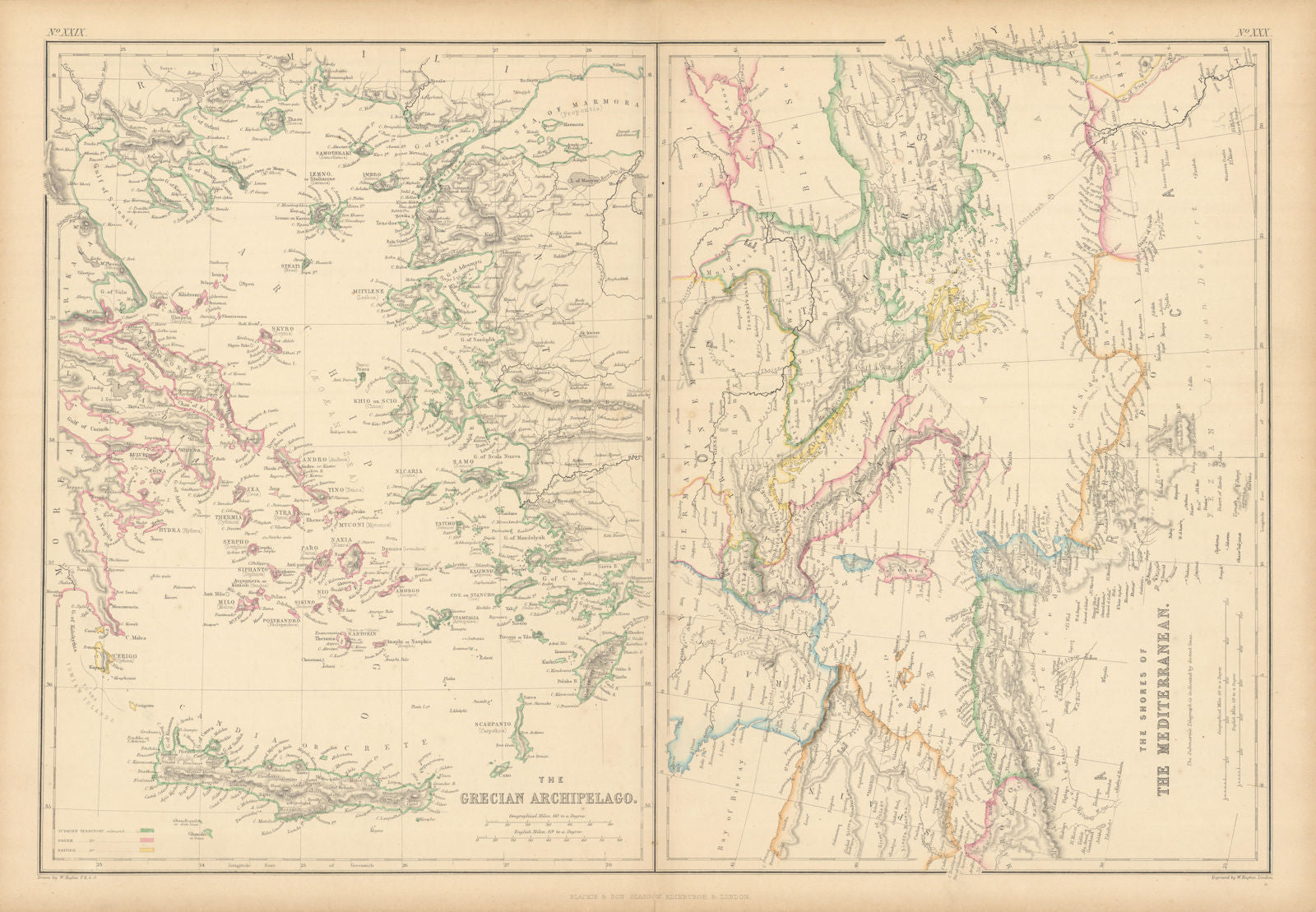 Grecian Archipelago & Mediterranean Shores. Aegean islands. HUGHES 1859 map